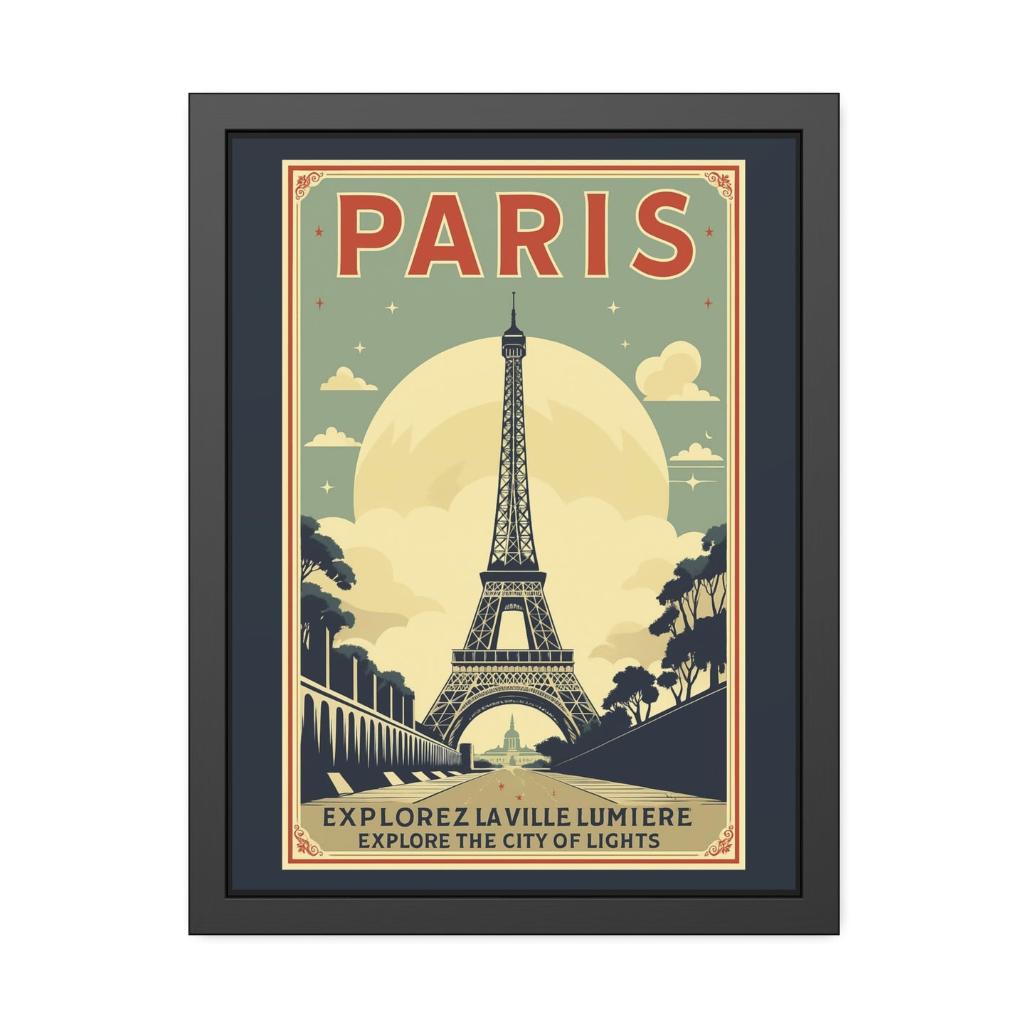 Paris vintage travel poster in a matte black frame, Explorez La Ville Lumière artwork
