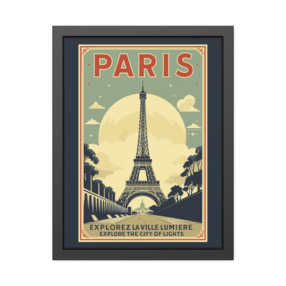 Paris vintage travel poster in a matte black frame, Explorez La Ville Lumière artwork
