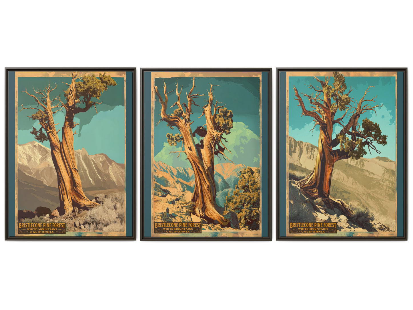 Bristlecone Pine Forest Framed Canvas Print — Set of 3 Vintage National Park Wall Art, 30×40 California Nature Decor