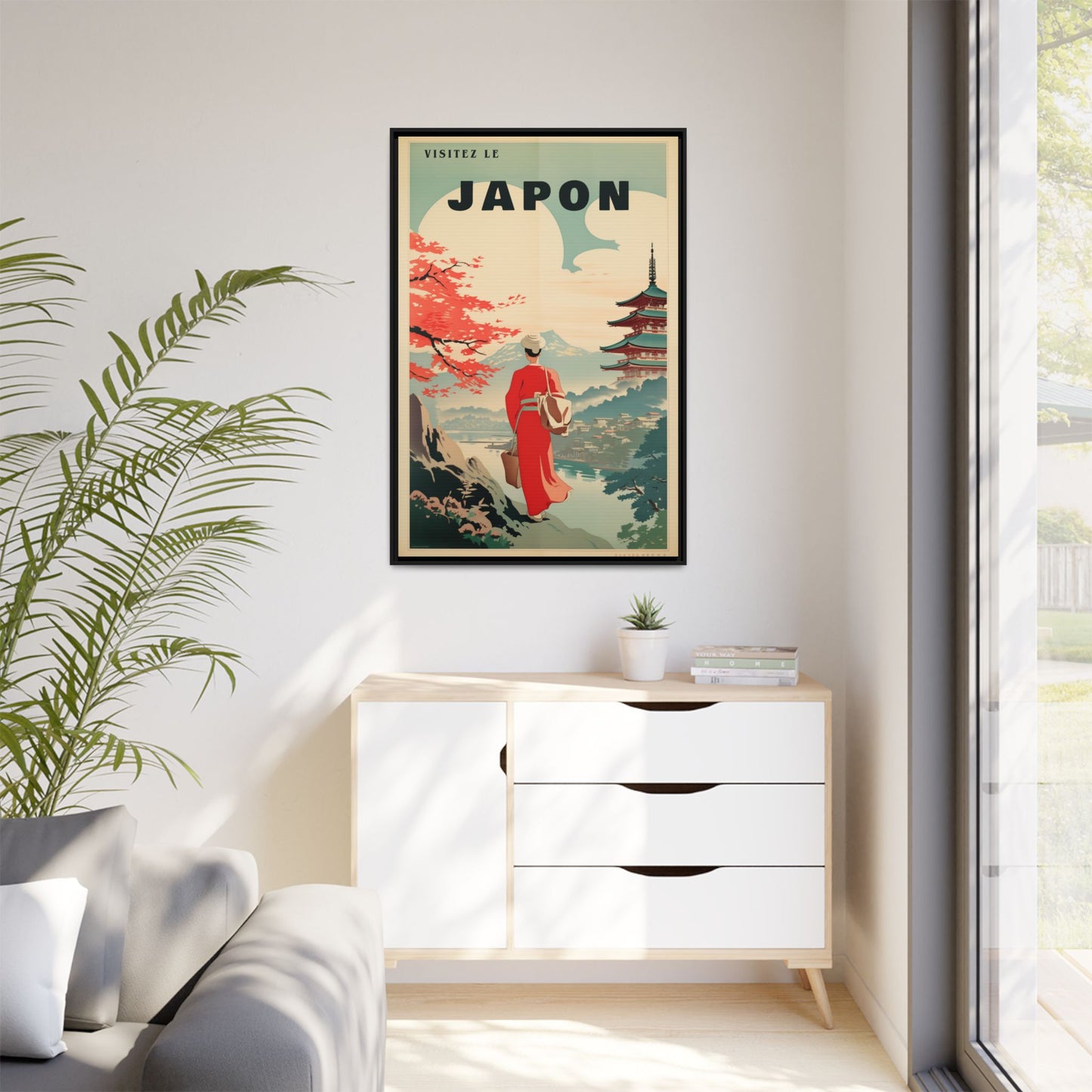 "Vintage French Japan Travel Poster - 'Visitez Le Japon' Matte Canvas Wall Art with Black Frame" Matte Canvas, Black Frame