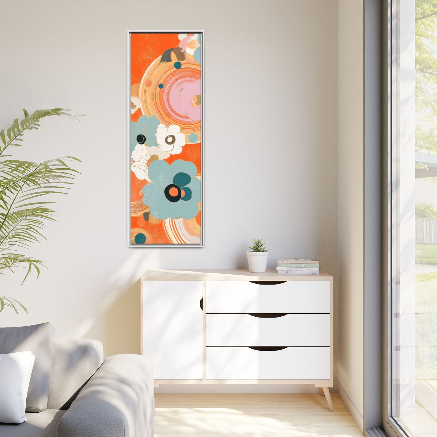 Mid-Century Modern Floral Abstract Canvas Set of 3 — 20×60  (Black, Espresso & White Frames)