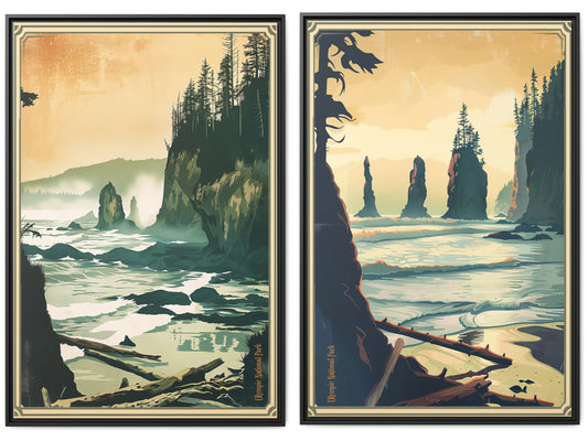 Framed Coastal Cliff Canvas Print Set — 32×48 Vintage Seascape Wall Art (Set of 2)