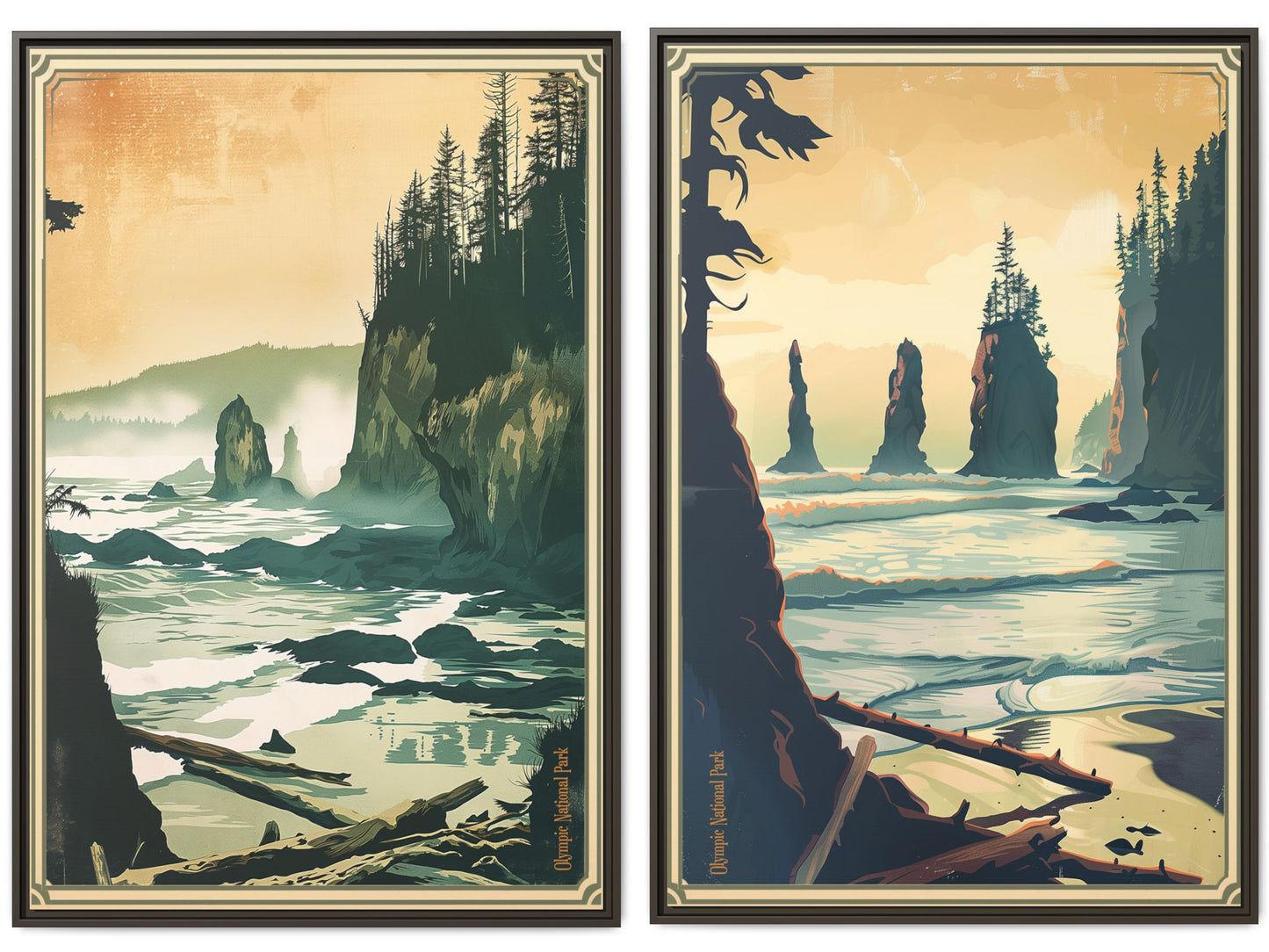 Framed Coastal Cliff Canvas Print Set — 32×48 Vintage Seascape Wall Art (Set of 2)