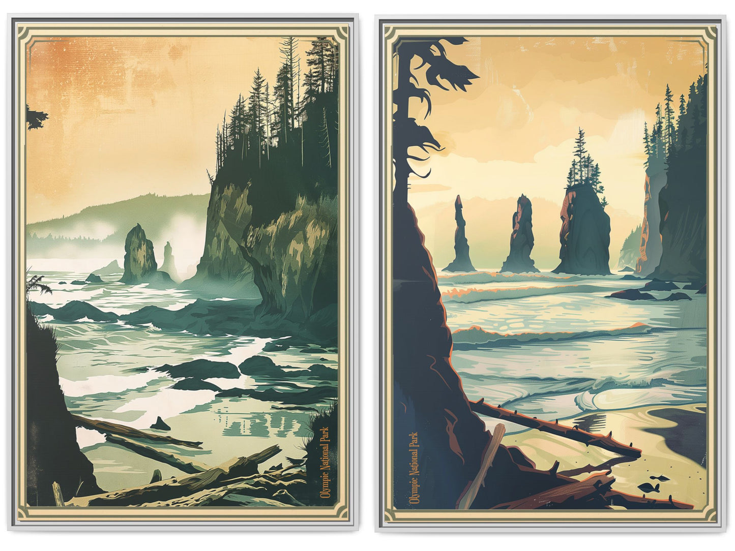 Framed Coastal Cliff Canvas Print Set — 32×48 Vintage Seascape Wall Art (Set of 2)