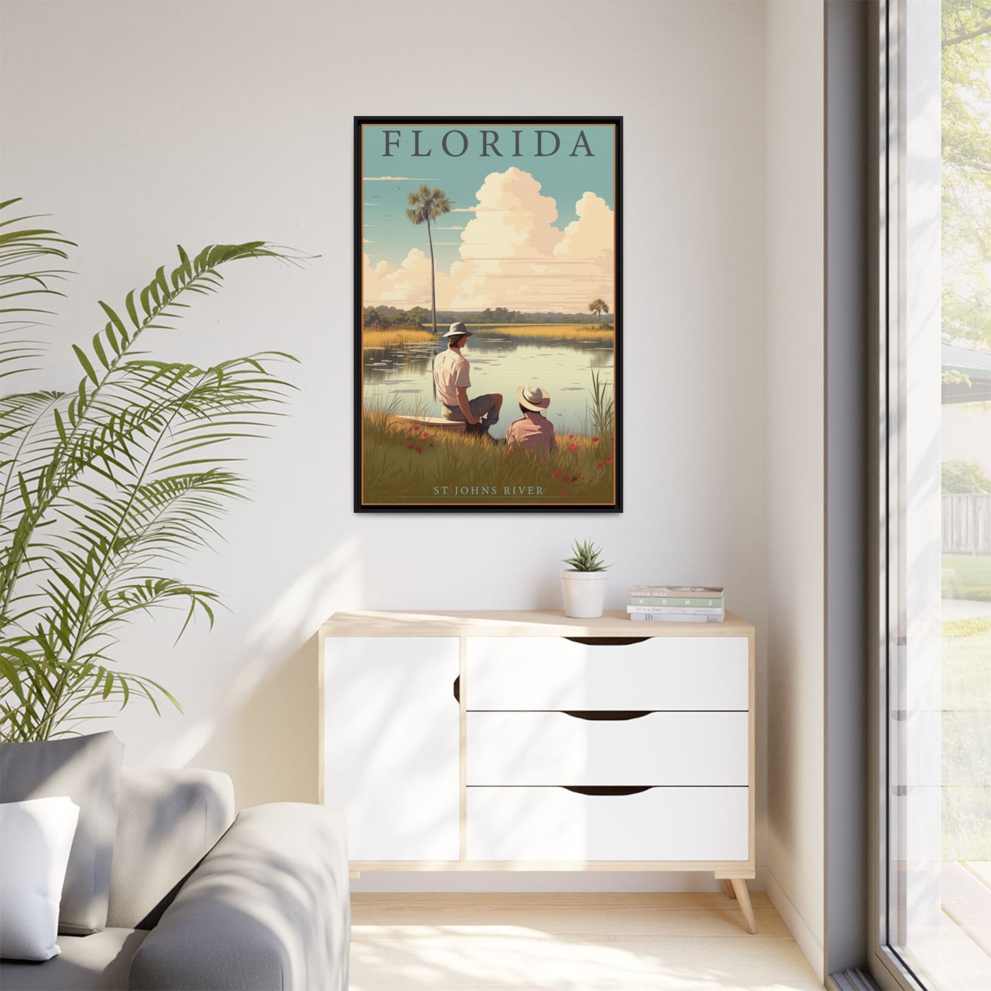 "Vintage Florida Scenic Poster - St. Johns River Matte Canvas Wall Art with Black Frame" Matte Canvas, Black Frame