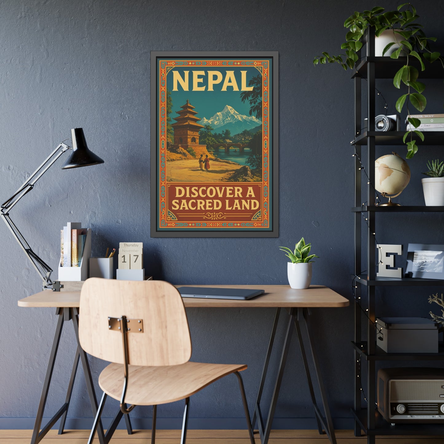 Framed Nepal Travel Poster — "Discover a Sacred Land" Vintage Wall Art