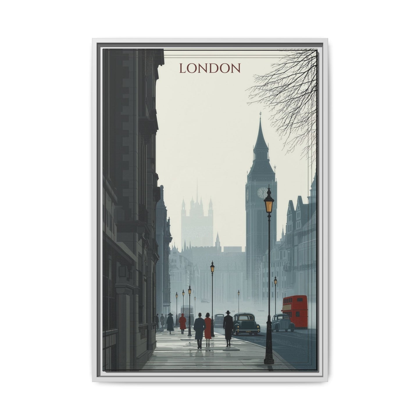 London Street Matte Canvas Print — Framed Vintage Cityscape Wall Art