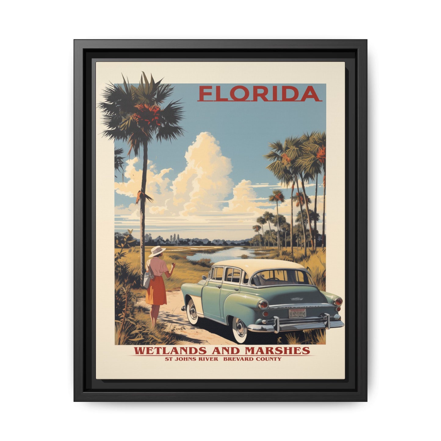 "Vintage Florida Wetlands and Marshes Poster - St. Johns River Brevard County Matte Canvas Wall Art with Black Frame" Matte Canvas, Black Frame