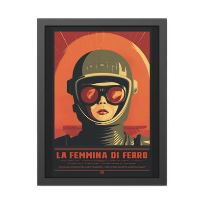 La Femmina di Ferro retro sci-fi artwork, a close-up helmeted portrait against a sunburst backdrop, framed paper poster