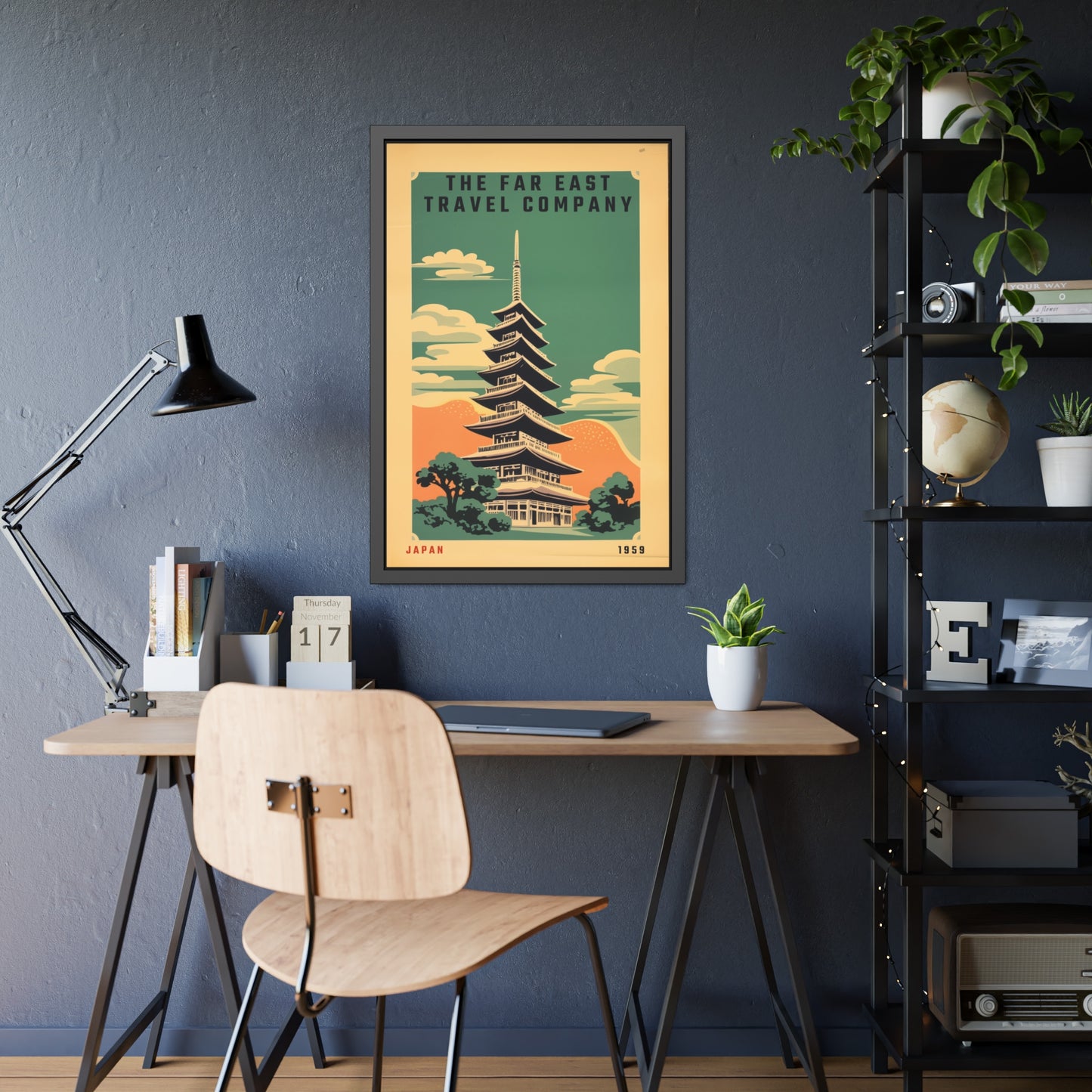 Framed Japan Travel Poster — Vintage Far East Pagoda Wall Art