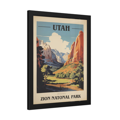Angled view of vintage Utah Zion National Park travel framed art print, black frame