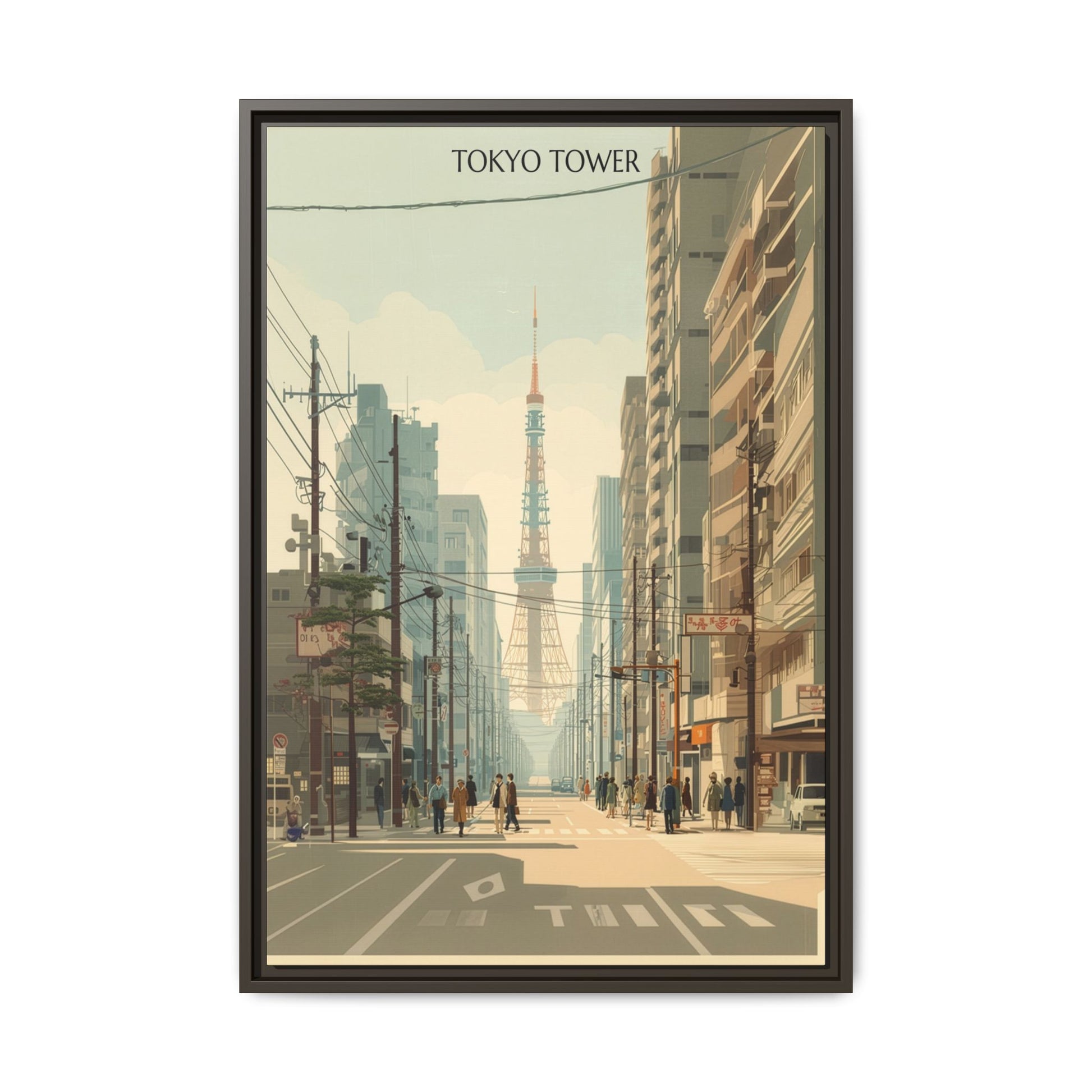 Vintage Tokyo Tower artwork, 20 × 30, espresso framed canvas, front view