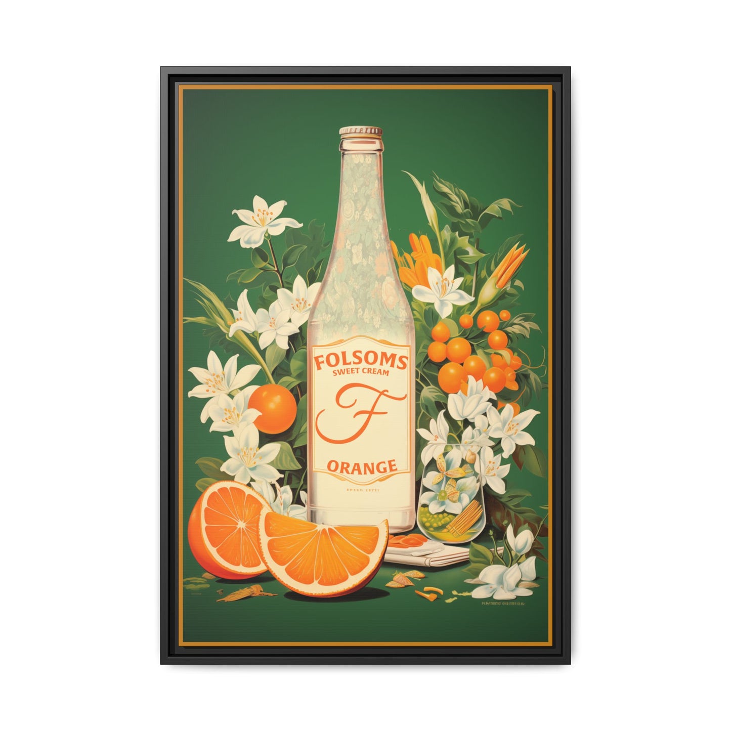 "Folsoms Sweet Cream Orange.  – Vintage Citrus and Floral Artwork" Matte Canvas, Black Frame