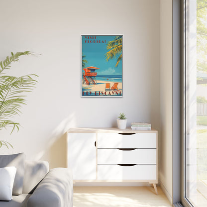 Key Biscayne Vintage Travel Poster Matte Canvas Print — Framed “Visit Florida!” Beach Wall Art