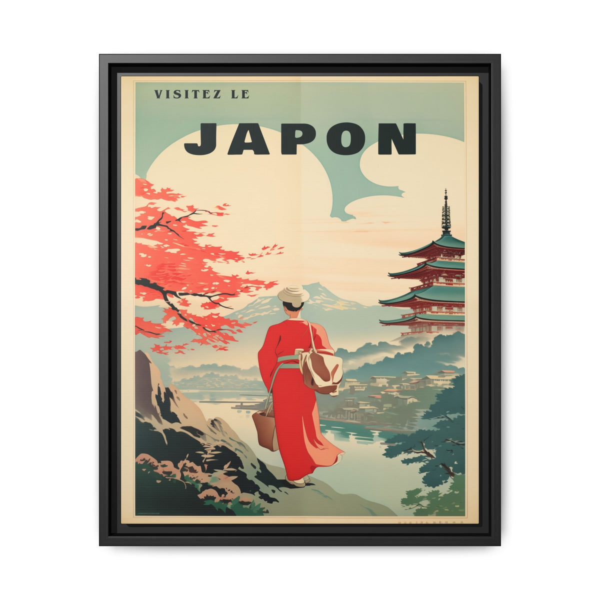 Vintage Visit Japan pagoda and maple artwork, 16 × 20, black framed canvas, front view