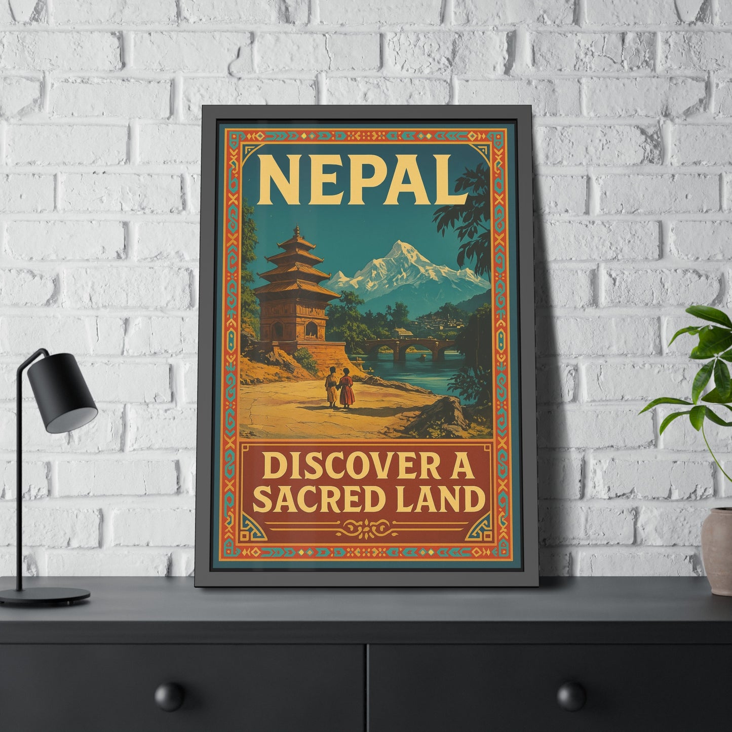 Framed Nepal Travel Poster — "Discover a Sacred Land" Vintage Wall Art