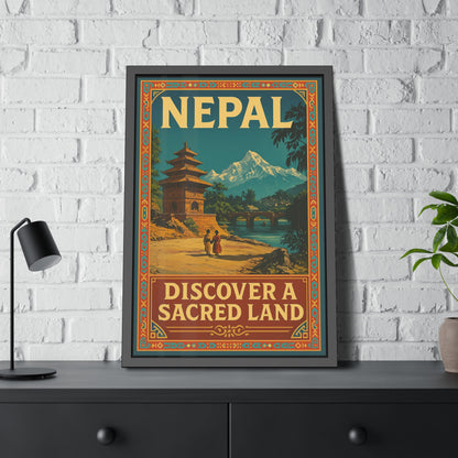 Framed Nepal Travel Poster — "Discover a Sacred Land" Vintage Wall Art