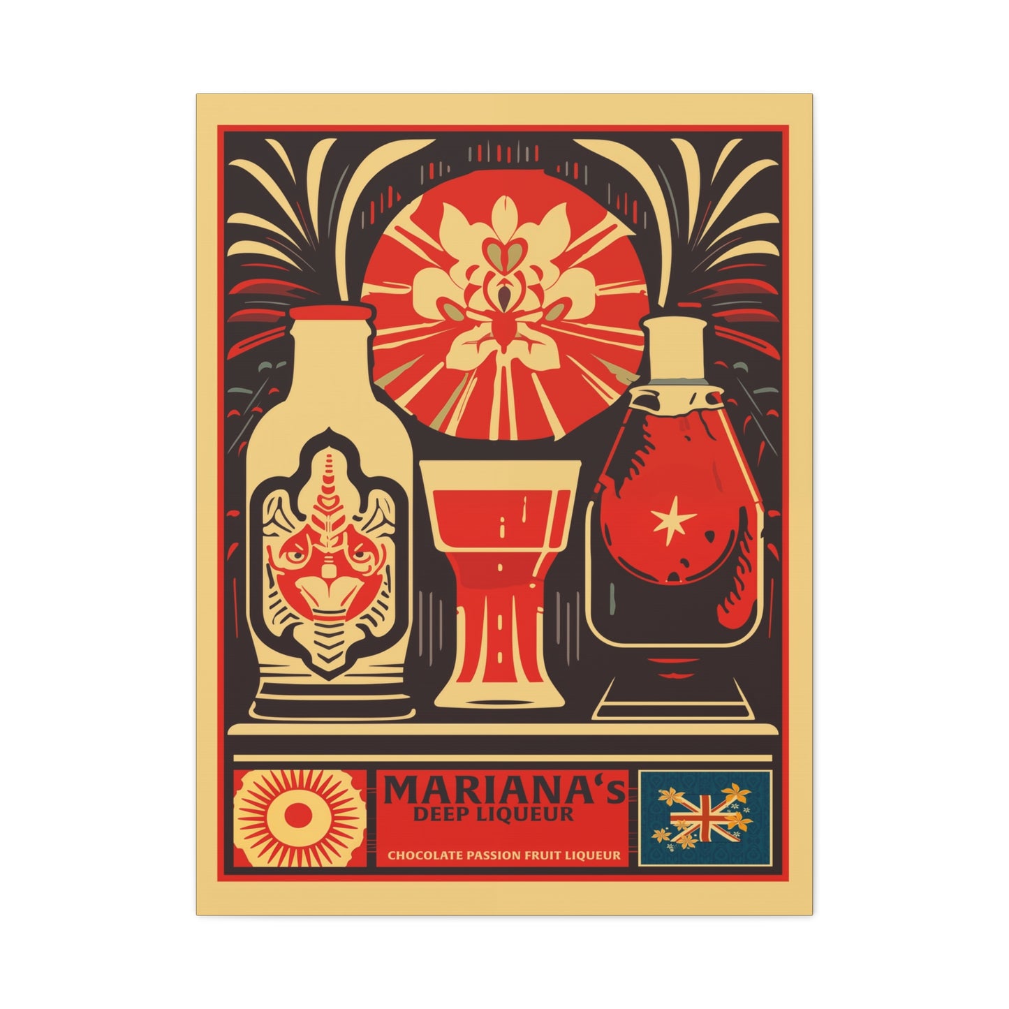 "Vintage Mariana's Deep Liqueur Poster - Chocolate Passion Fruit Frameless Stretched Matte Canvas Wall Art" Matte Canvas, Stretched, 1.25"
