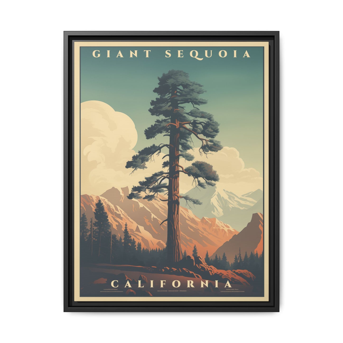 "Vintage Giant Sequoia Poster - California Matte Canvas Wall Art with Black Frame" Matte Canvas, Black Frame