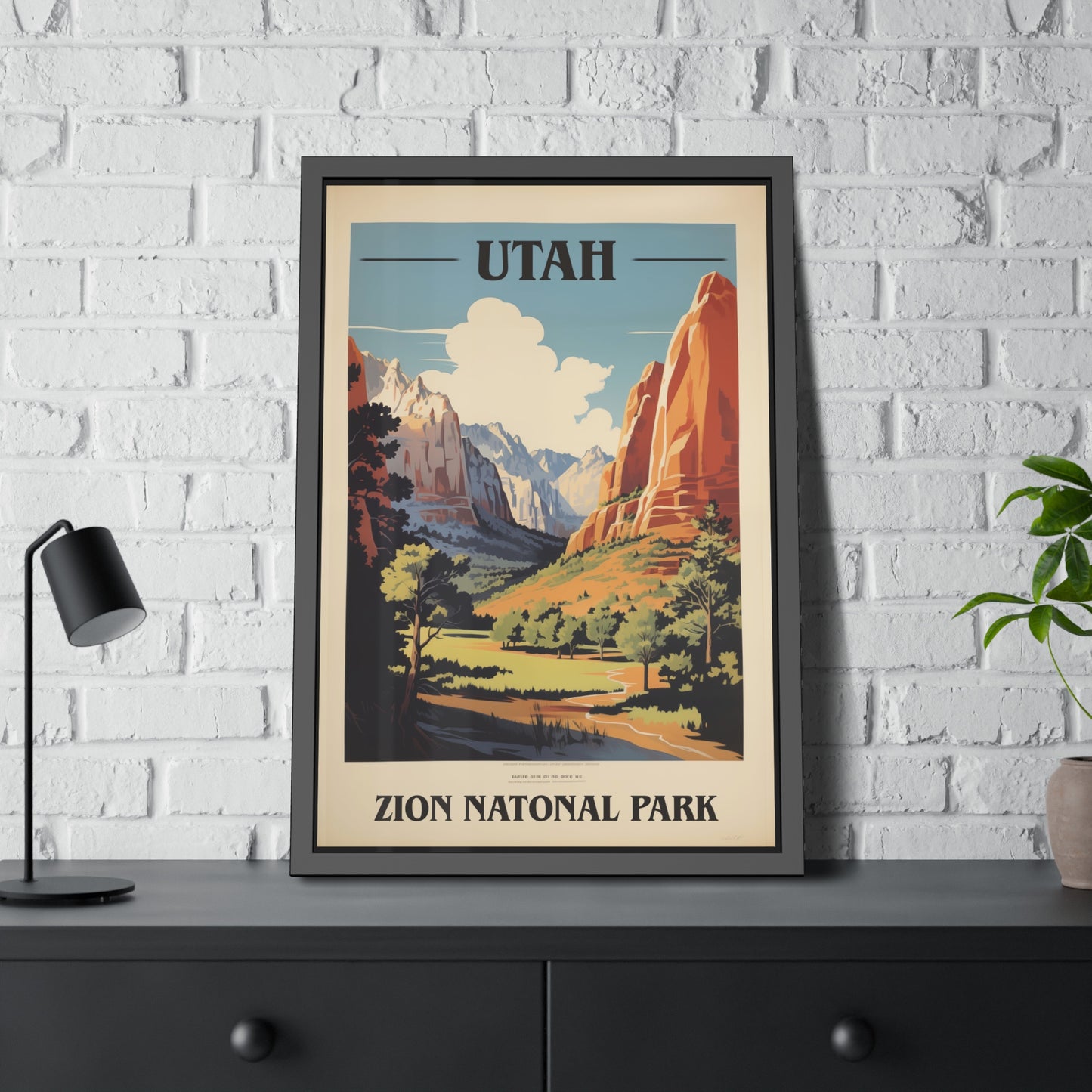 Framed vintage Utah Zion National Park travel art print on a dark shelf, alternate view