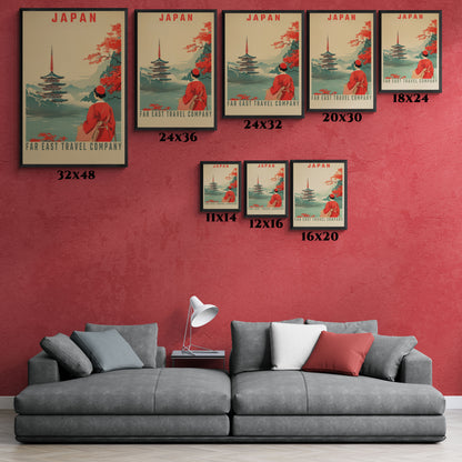 Vintage Japan Travel Poster - Far East Travel Company Pagoda Scene Framed Posters