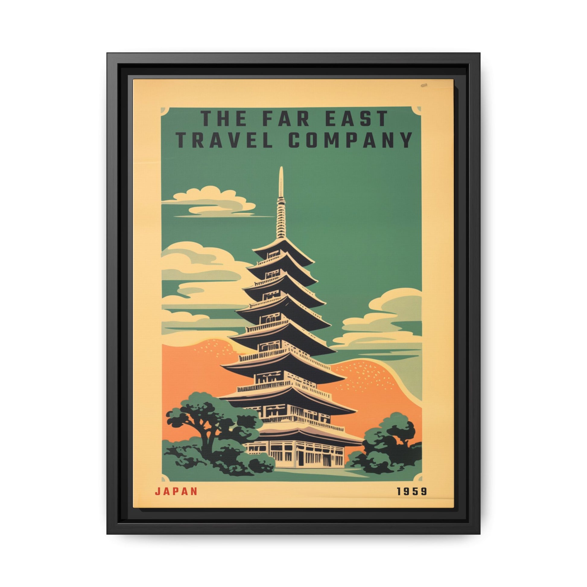 Vintage Far East Travel Company artwork, 12 × 16, black framed canvas, front view