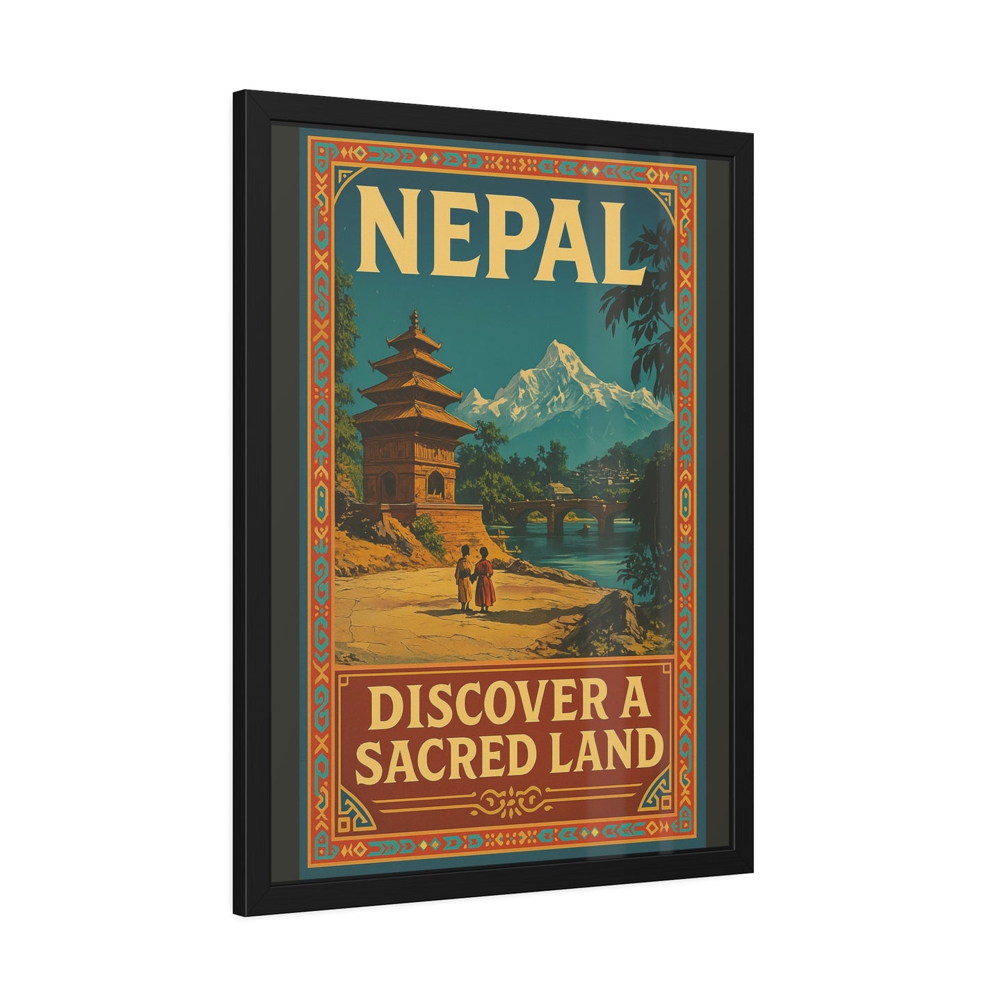 Framed Nepal Travel Poster — "Discover a Sacred Land" Vintage Wall Art