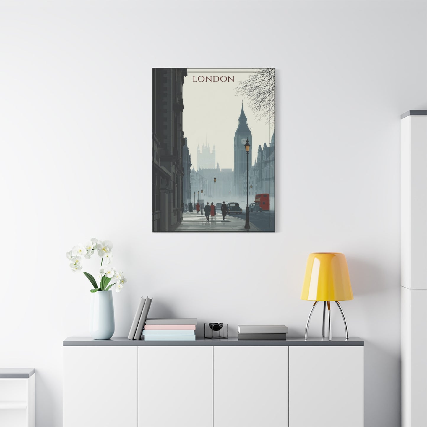 London Street Scene Matte Canvas Wall Art – Vintage Big Ben Cityscape Print