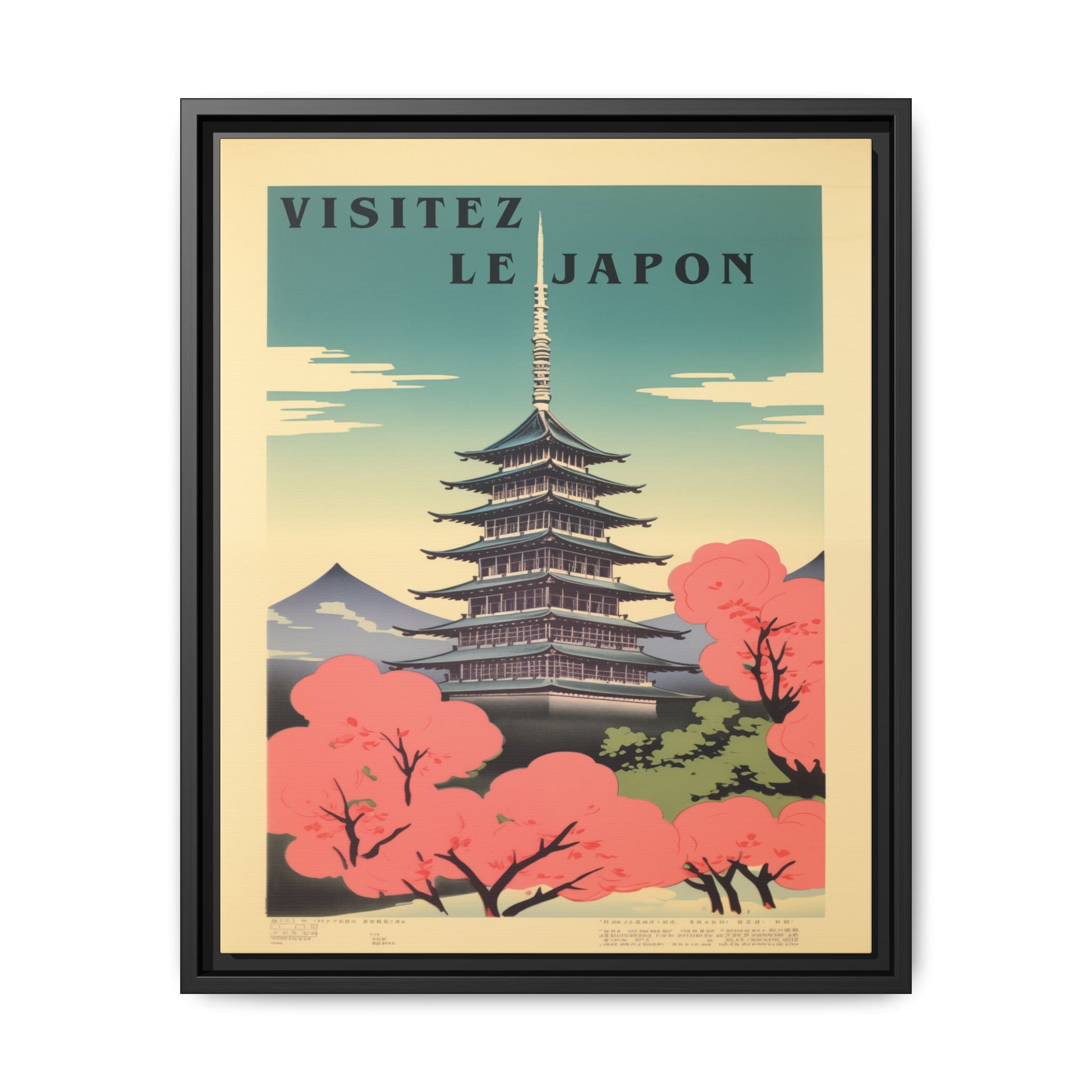 Visitez Le Japon vintage pagoda travel artwork, 16 × 20, black framed canvas, front view