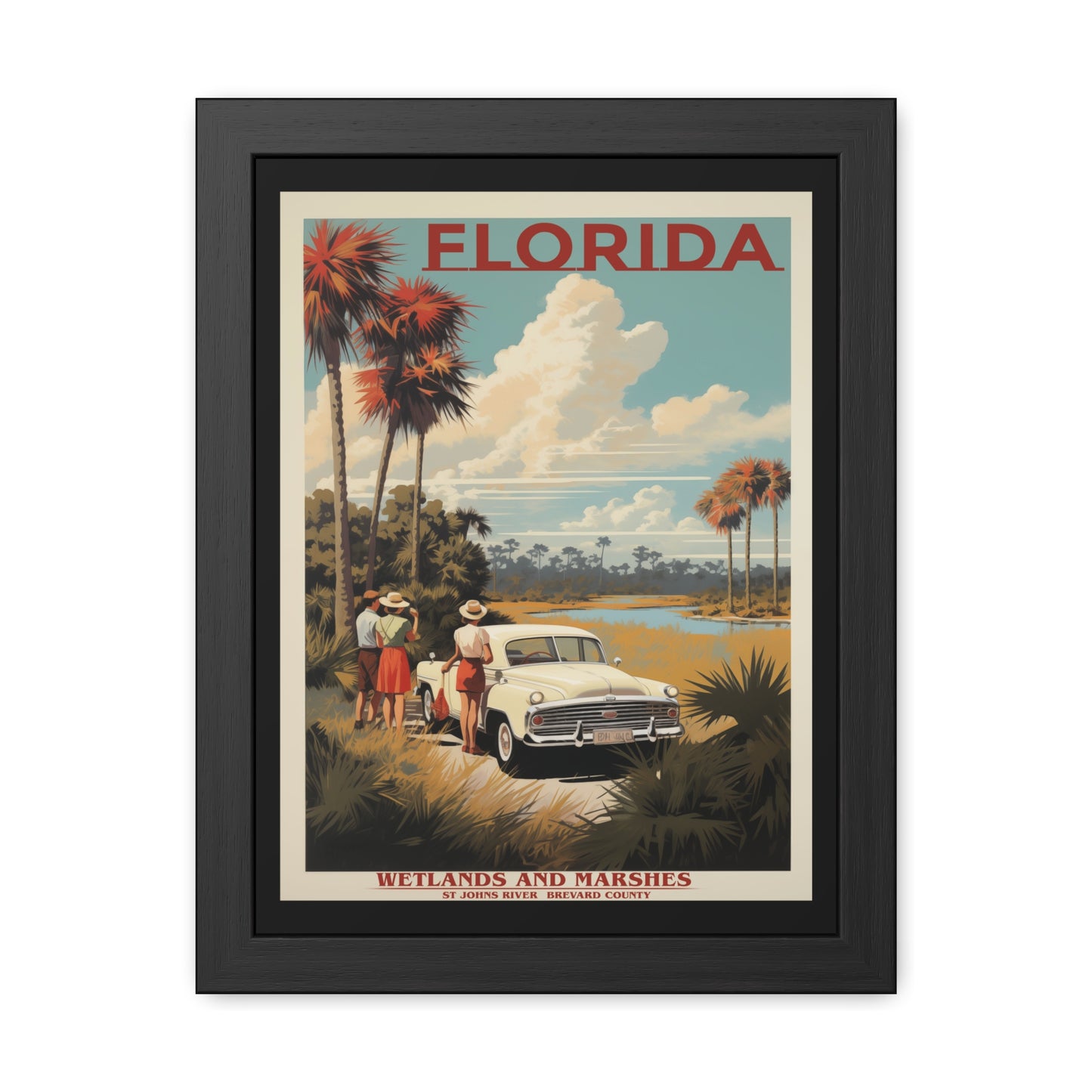 Vintage Florida Wetlands and Marshes Retro Wall Art – Vintage Travel Poster with Wooden Frame