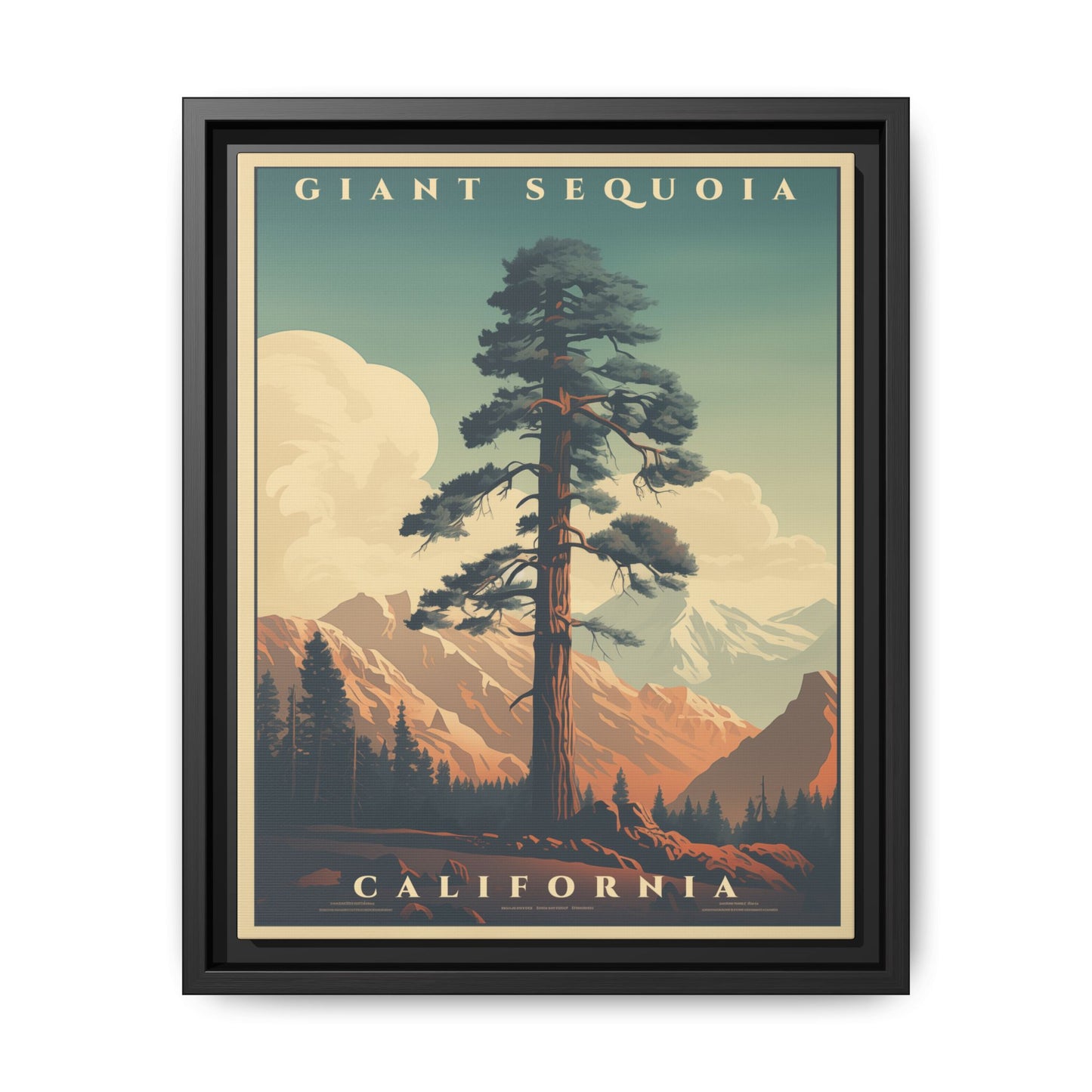 "Vintage Giant Sequoia Poster - California Matte Canvas Wall Art with Black Frame" Matte Canvas, Black Frame