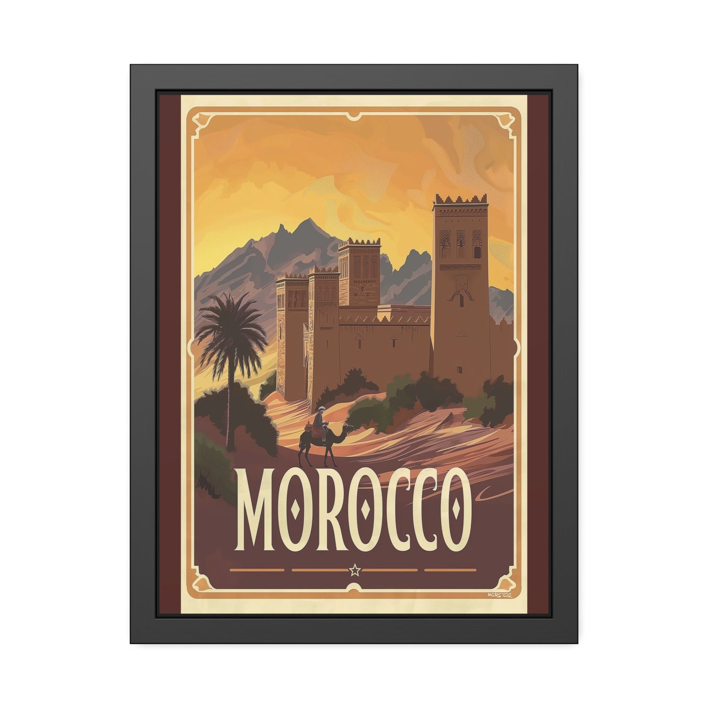 Morocco vintage travel artwork, kasbah desert scene with camel rider, framed paper poster