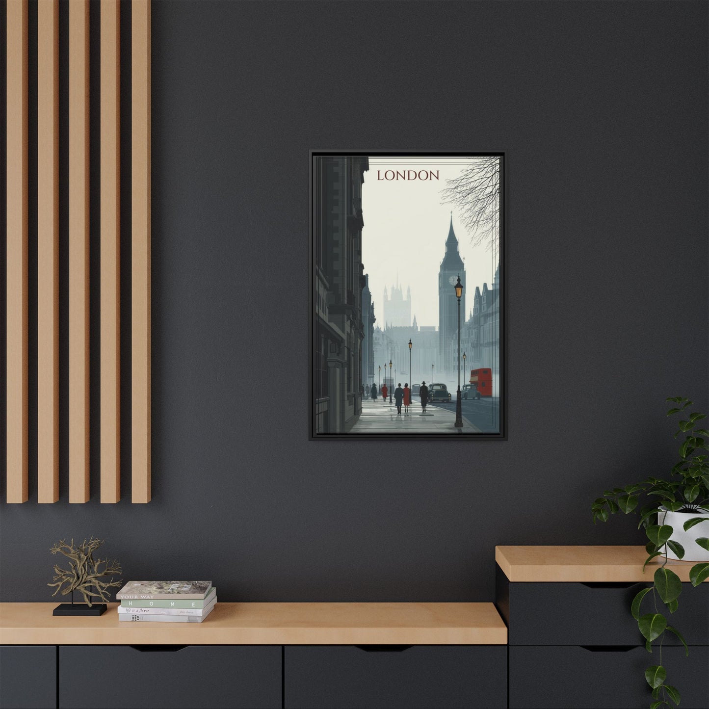 London Street Matte Canvas Print — Framed Vintage Cityscape Wall Art