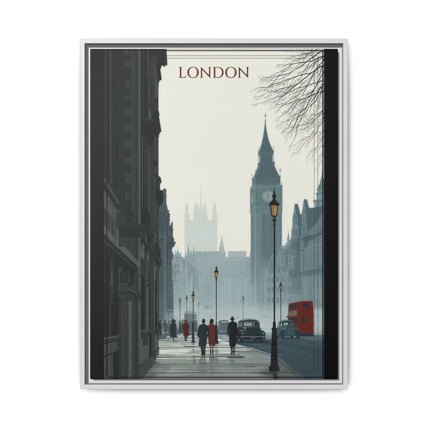 London Street Matte Canvas Print — Framed Vintage Cityscape Wall Art
