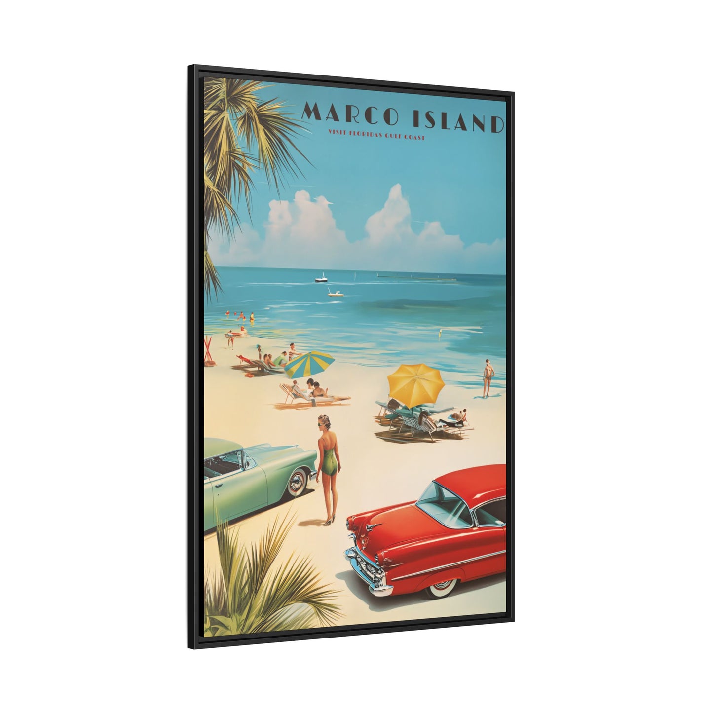 "Marco Island Retro Beach Scene – Vintage Wall Art of Florida’s Gulf Coast" Matte Canvas, Black Frame