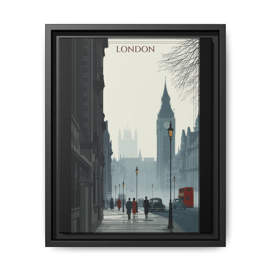 London Street Matte Canvas Print — Framed Vintage Cityscape Wall Art