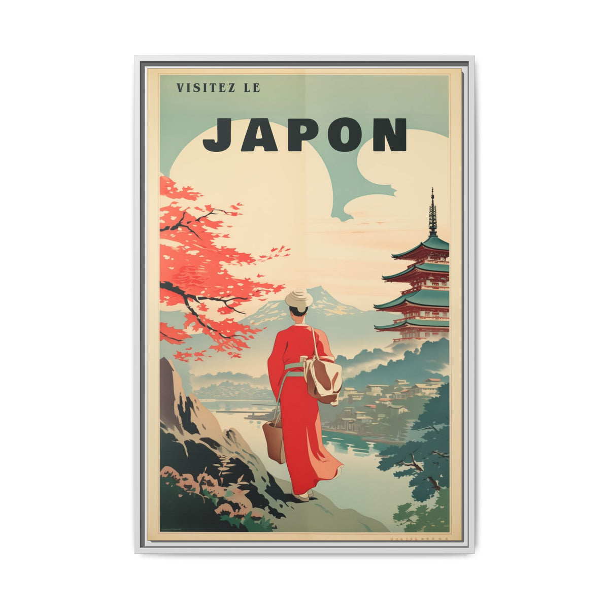 Vintage Visit Japan pagoda and maple artwork, 24 × 36, white framed canvas, front view