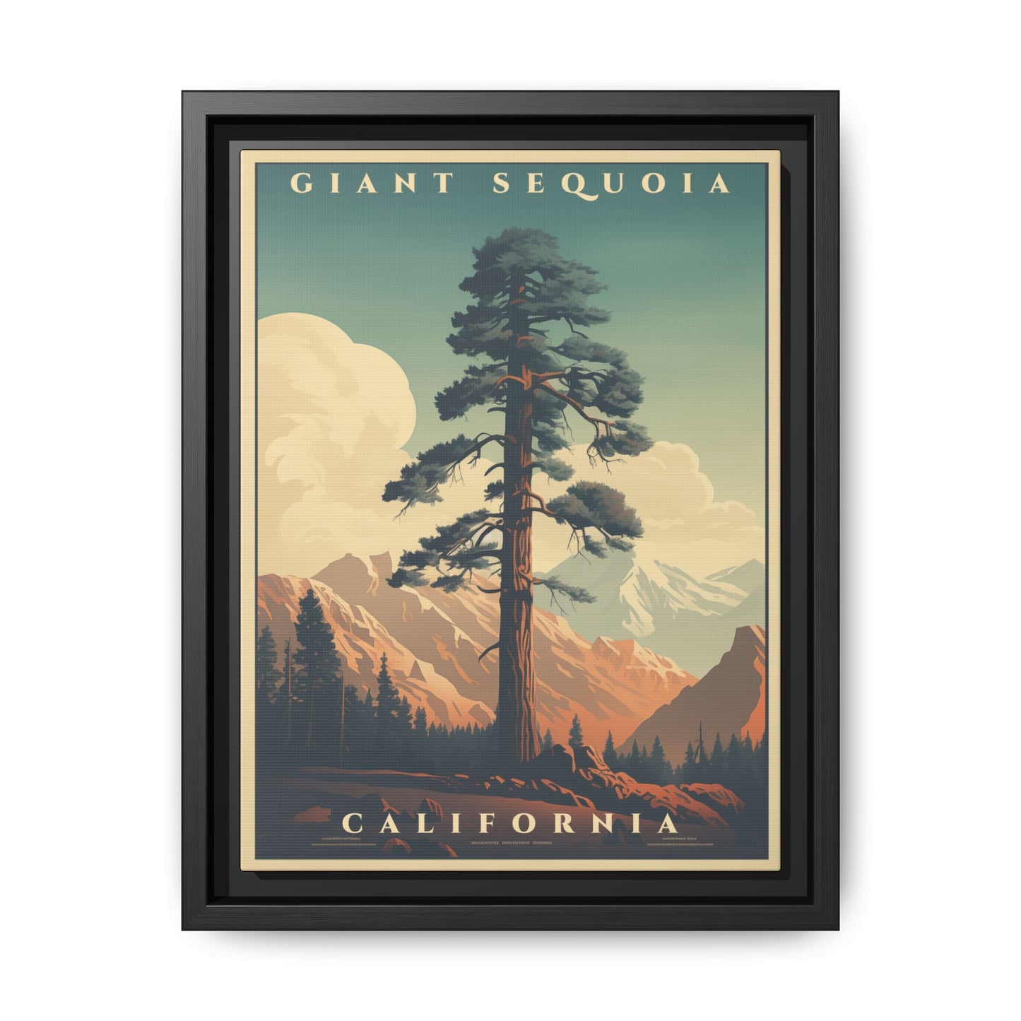 "Vintage Giant Sequoia Poster - California Matte Canvas Wall Art with Black Frame" Matte Canvas, Black Frame