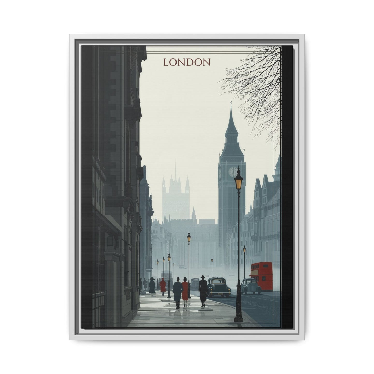London Street Matte Canvas Print — Framed Vintage Cityscape Wall Art