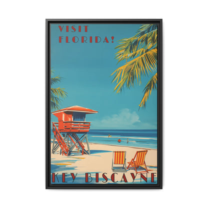"Key Biscayne Beach Vintage – Classic Florida Coastal Art Print" Matte Canvas, Black Frame
