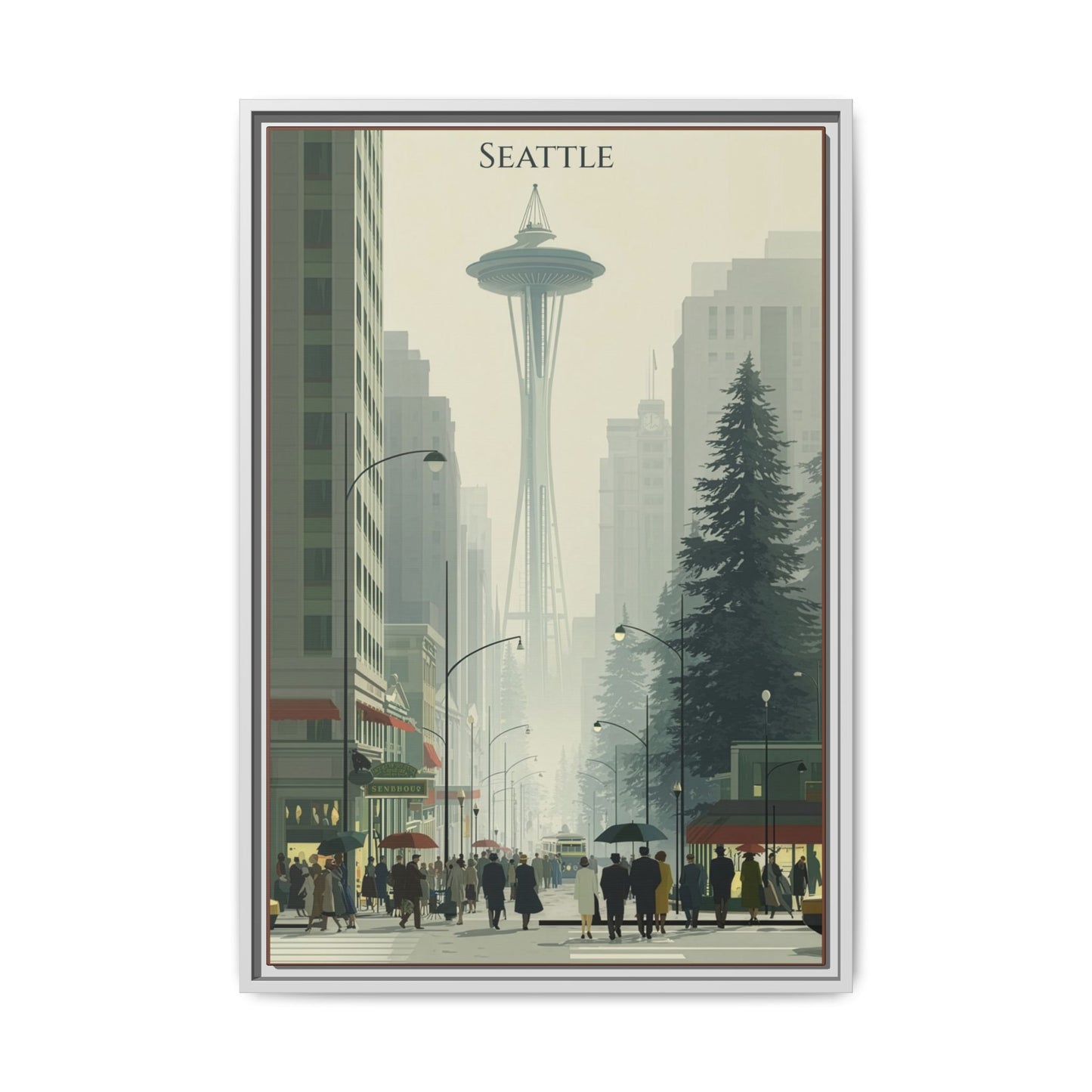 Seattle Space Needle Matte Canvas Print — Framed Vintage Cityscape Wall Art