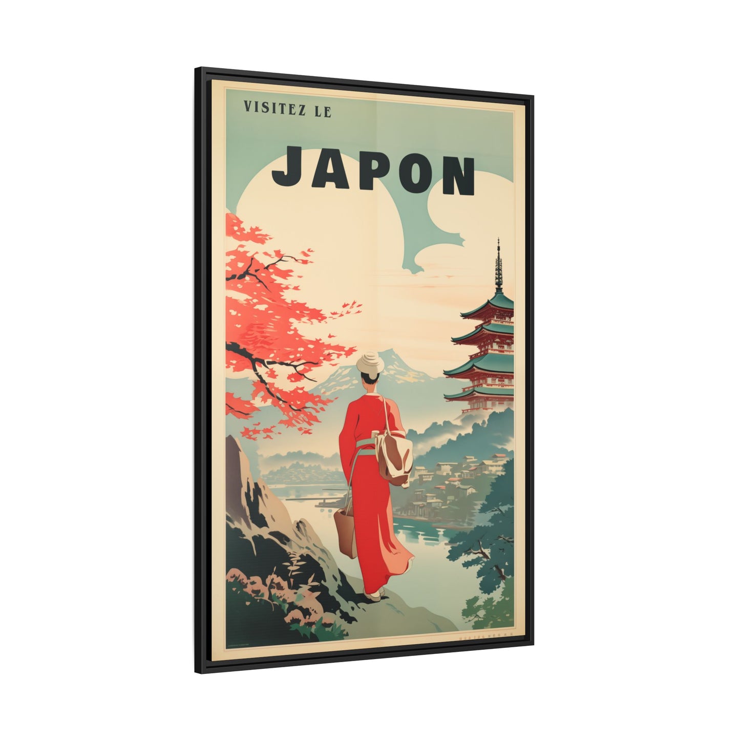 "Vintage French Japan Travel Poster - 'Visitez Le Japon' Matte Canvas Wall Art with Black Frame" Matte Canvas, Black Frame