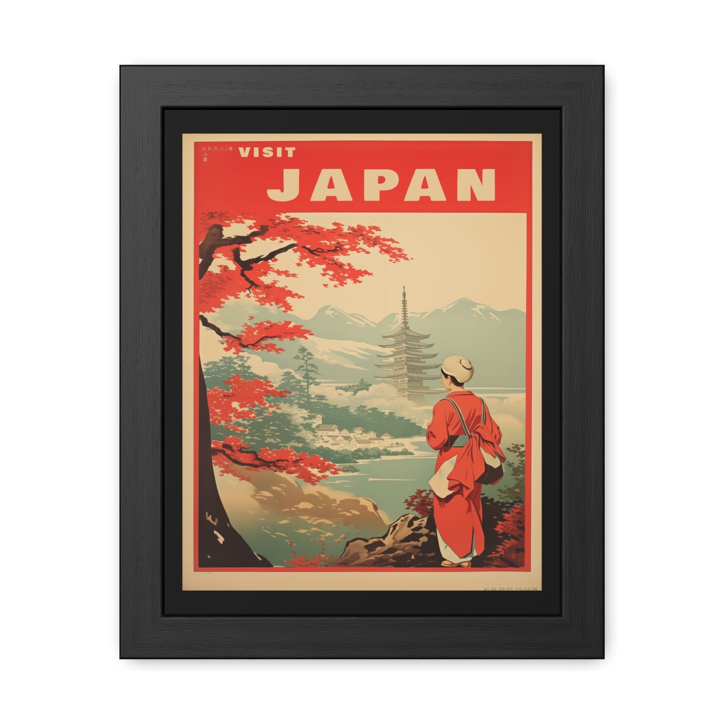 Vintage Japan Travel Poster - 'Visit Japan' Scenic Pagoda View Framed Posters