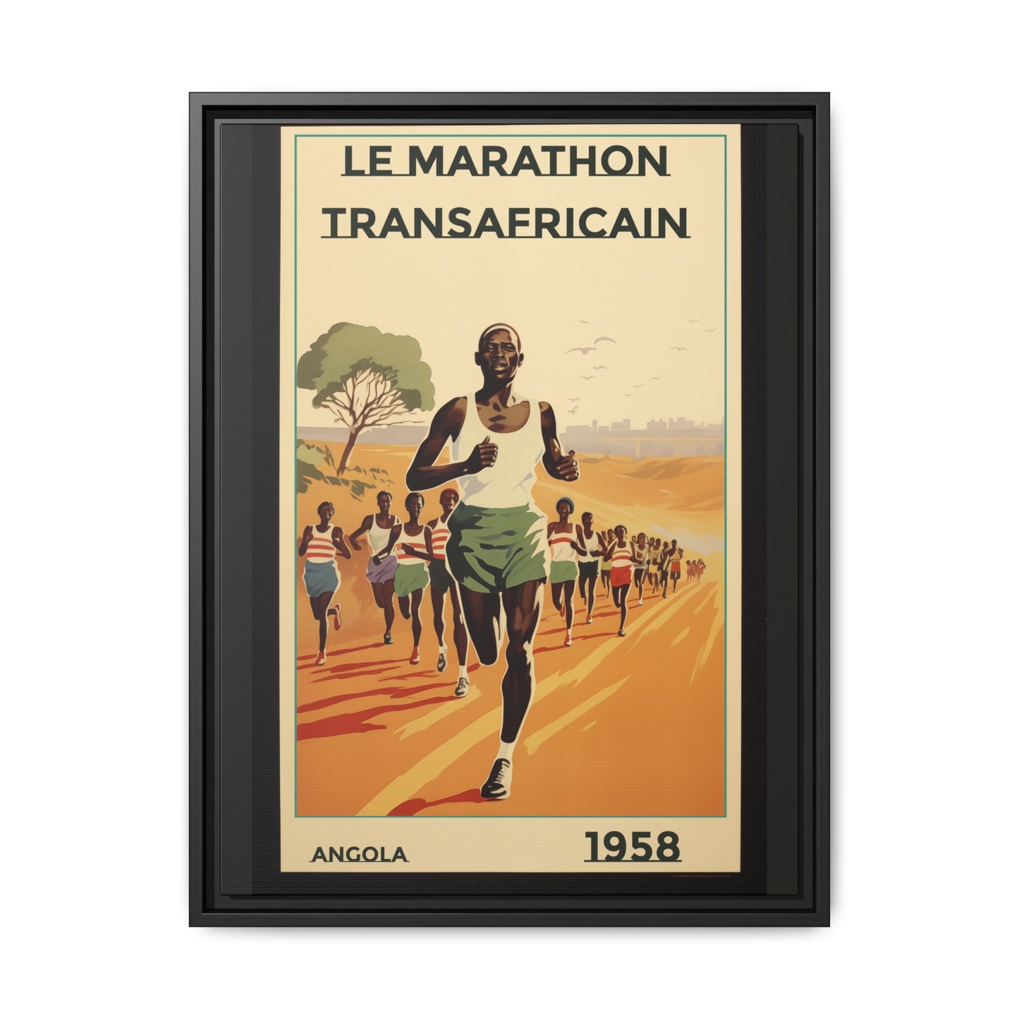 "Le Marathon Transafricain (French)". – 1958 Angola Vintage Matte Canvas, Black Frame