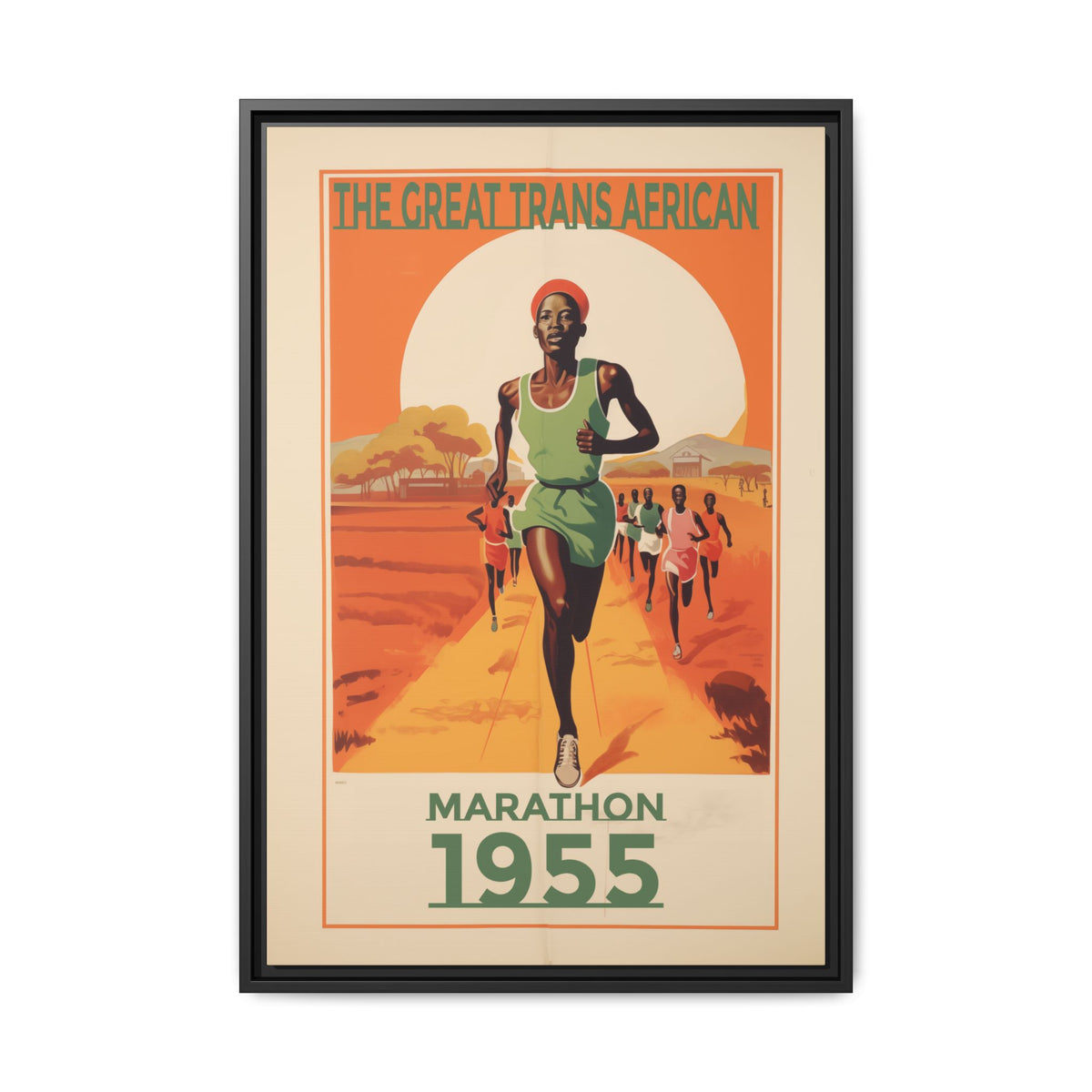 Vintage 1955 Great Trans African Marathon artwork, 20 × 30, black framed canvas, front view