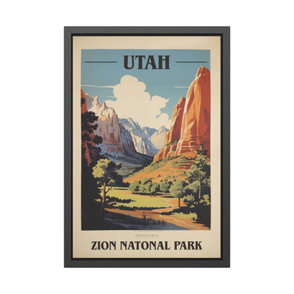 Vintage Utah Zion National Park travel framed art print, black frame, 24 by 36 inch