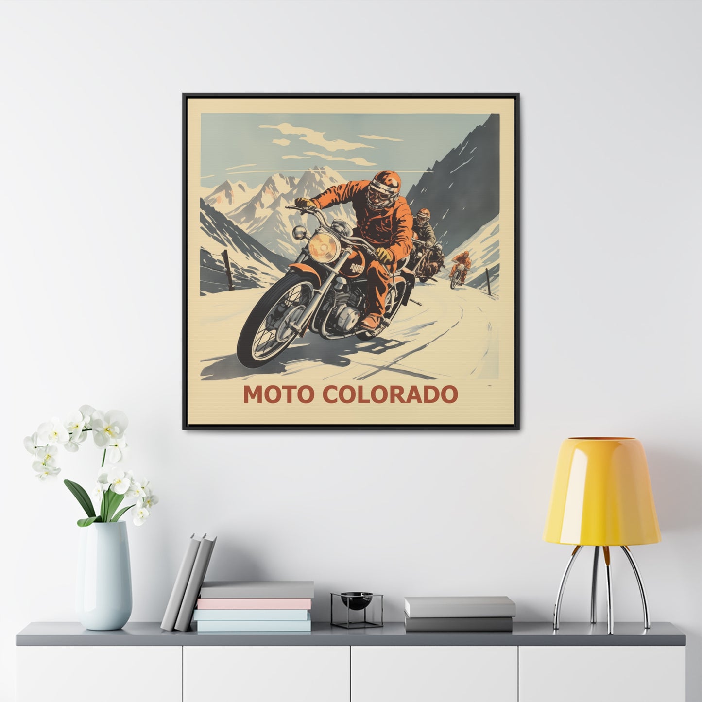 "Experience the thrill of the open road with this vintage Moto Colorado. Perfect for motorcycle enthusiasts and lovers of retro-inspired art! "Gallery Canvas Wraps, Square Frame