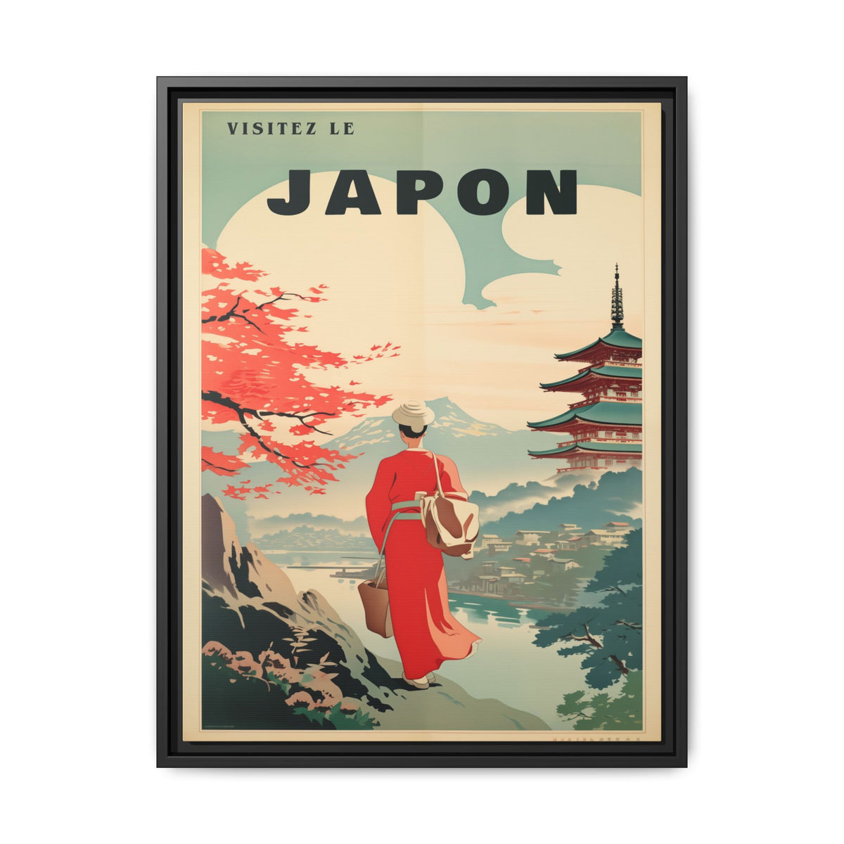 Vintage Visit Japan pagoda and maple artwork, 18 × 24, black framed canvas, front view