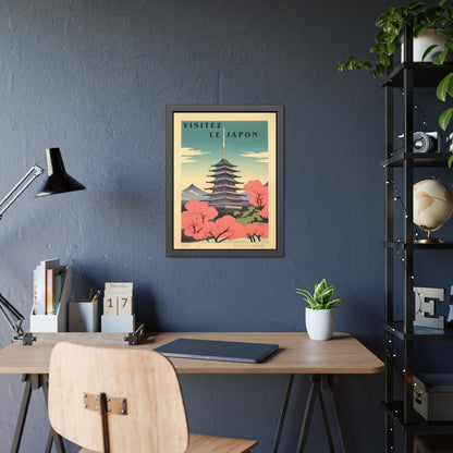 Framed Poster - "Visitez Le Japon" Vintage Travel Art (Cherry Blossom Pagoda)