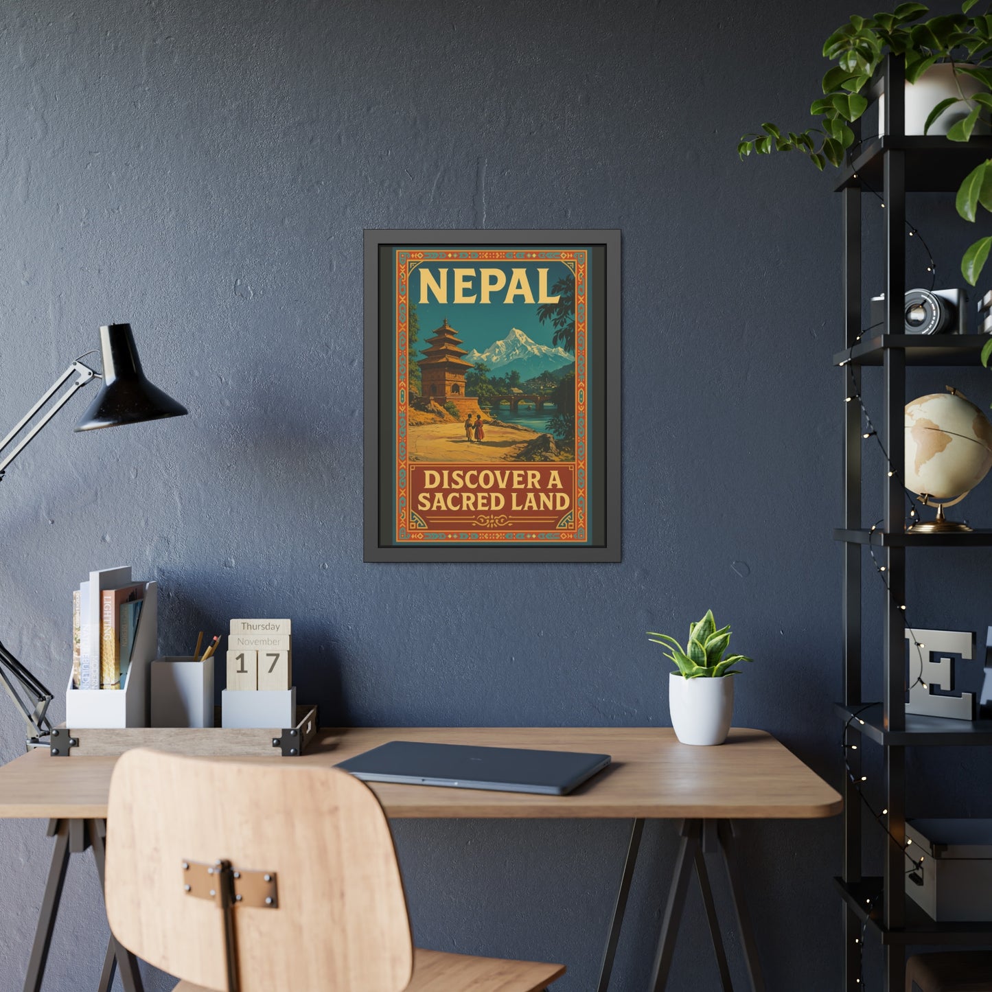 Framed Nepal Travel Poster — "Discover a Sacred Land" Vintage Wall Art
